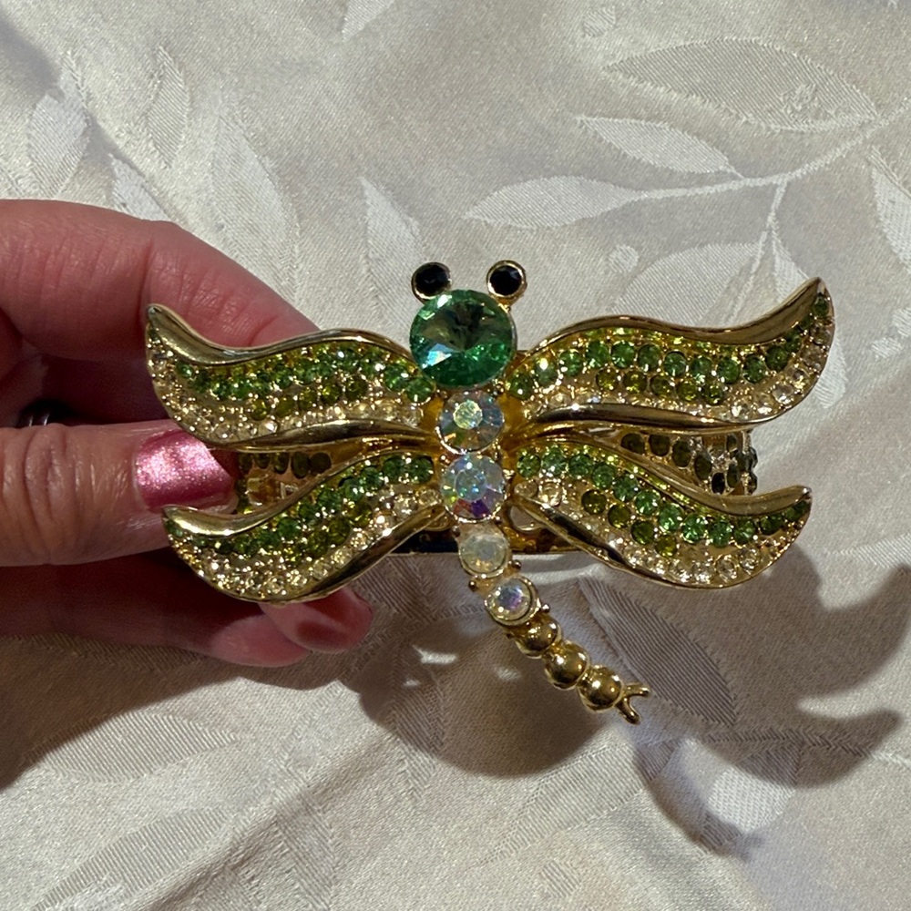 Elegant Gold and Green Dragonfly Cuff Bracelet